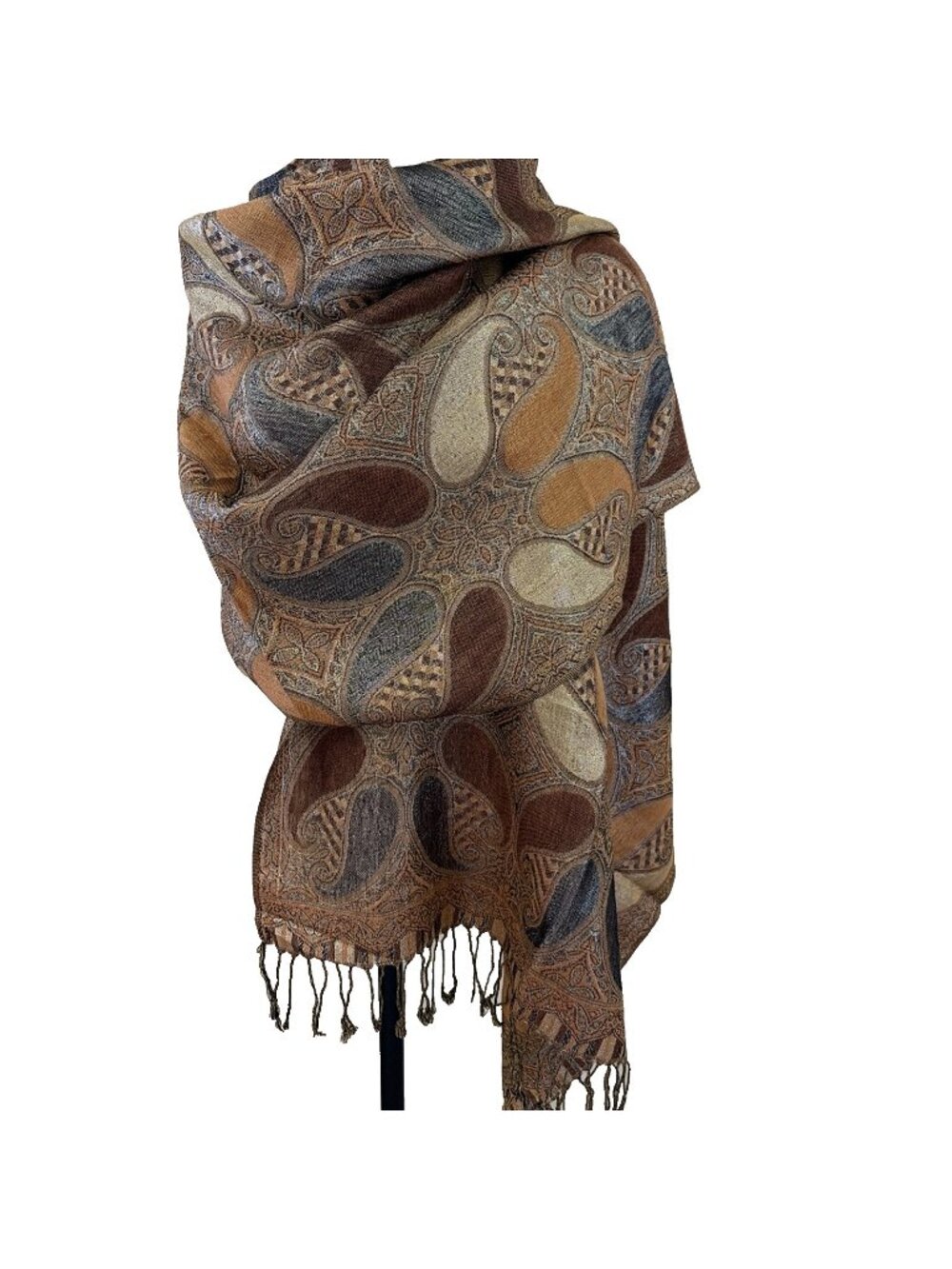 Vintage Paisley Shawl Wrap Scarf Large 28X76" Earth Tones Metallic Artsy Boho